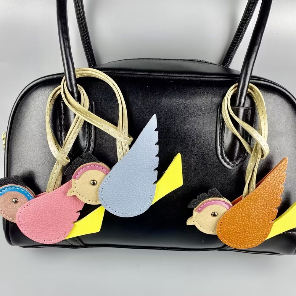 Hand-Sewn PU Leather Bird Pendant - Winged Bird Charm for Bags & Keyrings
