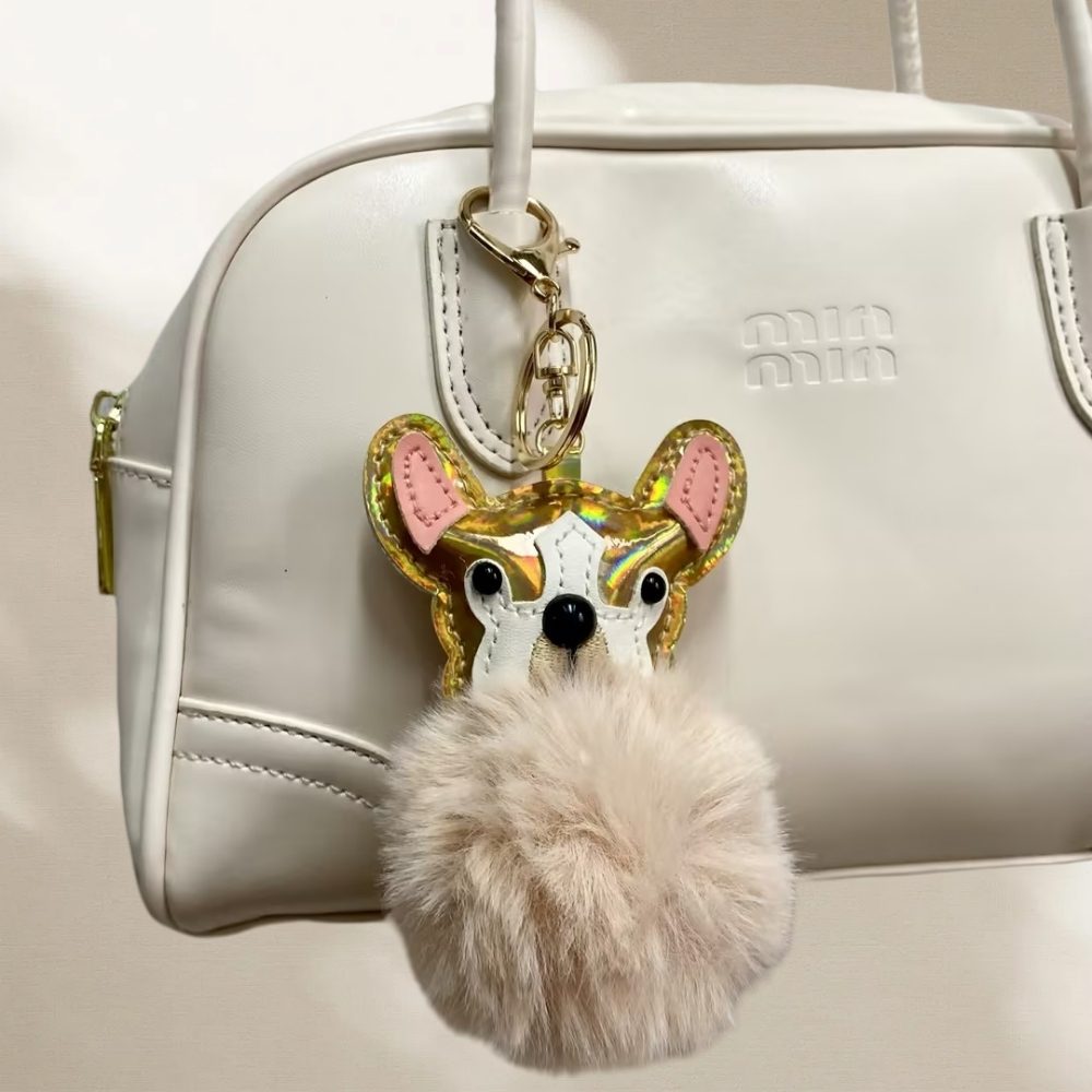 Plush Puppy Bag Charm - PU Leather Face & Fluffy Ball with Metal Hook Keychain