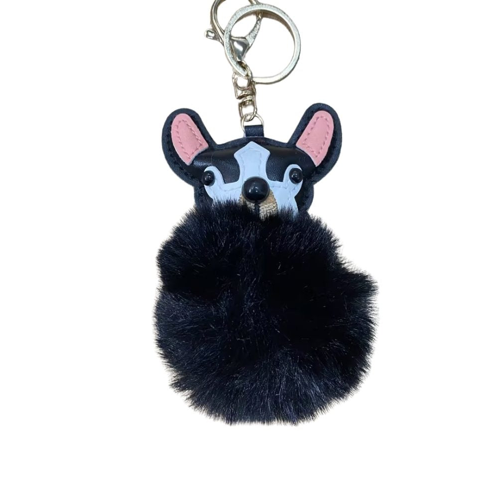 Plush Puppy Bag Charm - PU Leather Face & Fluffy Ball with Metal Hook Keychain