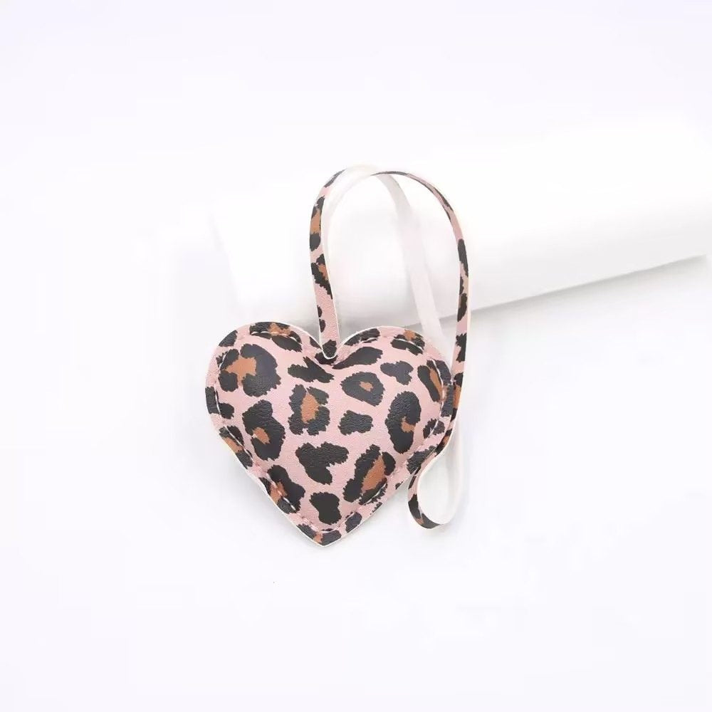 Leopard Print Heart Keychain - Faux Leather Padded Lanyard Charm for Bags & Phones