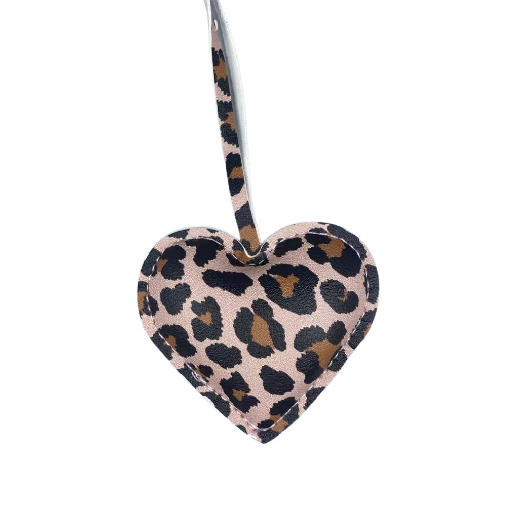 Leopard Print Heart Keychain - Faux Leather Padded Lanyard Charm for Bags & Phones