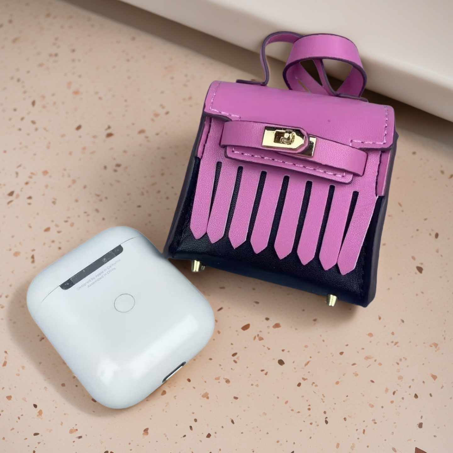 Two-Tone Mini Earphone Pouch - PU Leather Tassel Bag Charm & Detachable Bagcharm
