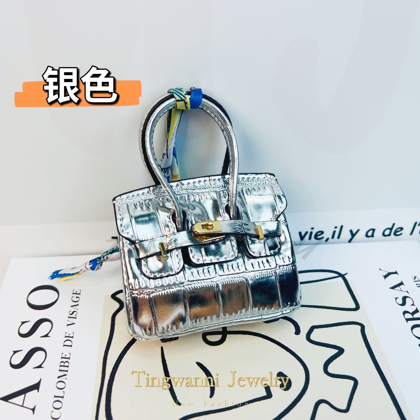 バーキンミニバッグ_クロコダイルスキン、光沢のあるメタルカラー、内側ステッチ
