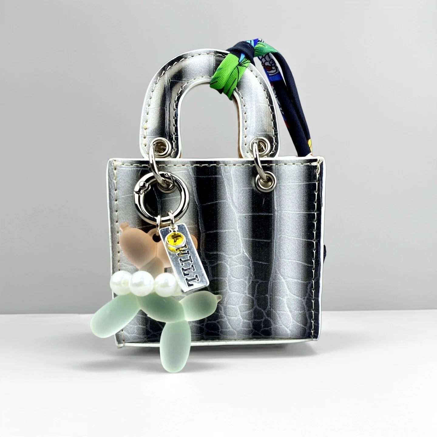 Mini PU Leather Bag Purse Charm, Rainbow Color Mini Bag With Gradient Balloon Dog Keychain Set for Earbuds/Charger Cable/Gift