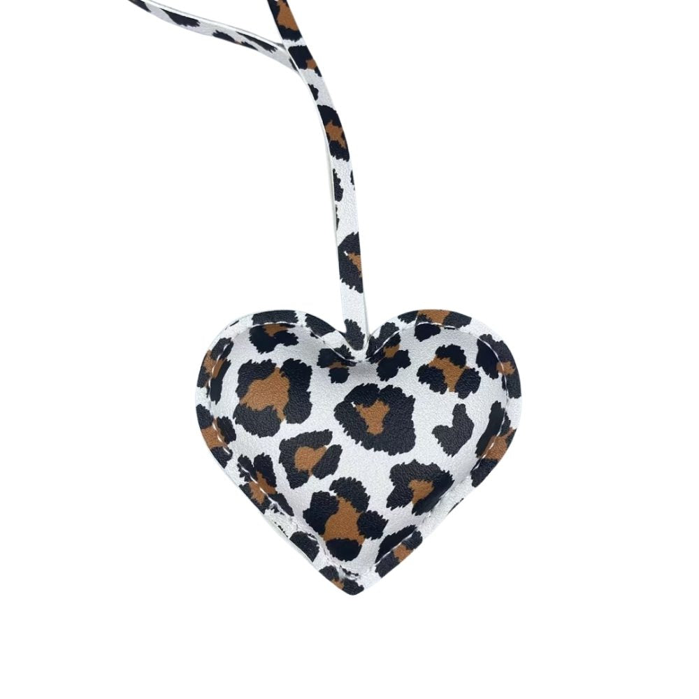 Leopard Print Heart Keychain - Faux Leather Padded Lanyard Charm for Bags & Phones