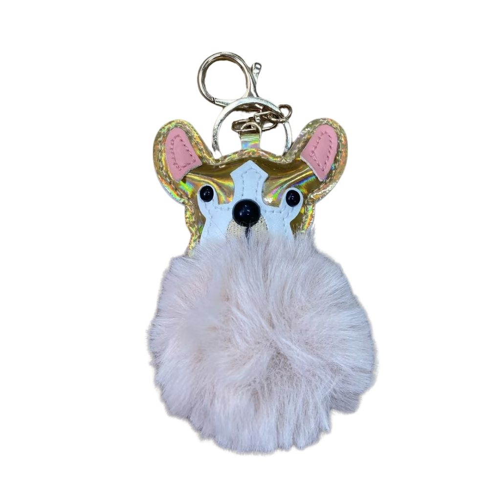 Plush Puppy Bag Charm - PU Leather Face & Fluffy Ball with Metal Hook Keychain