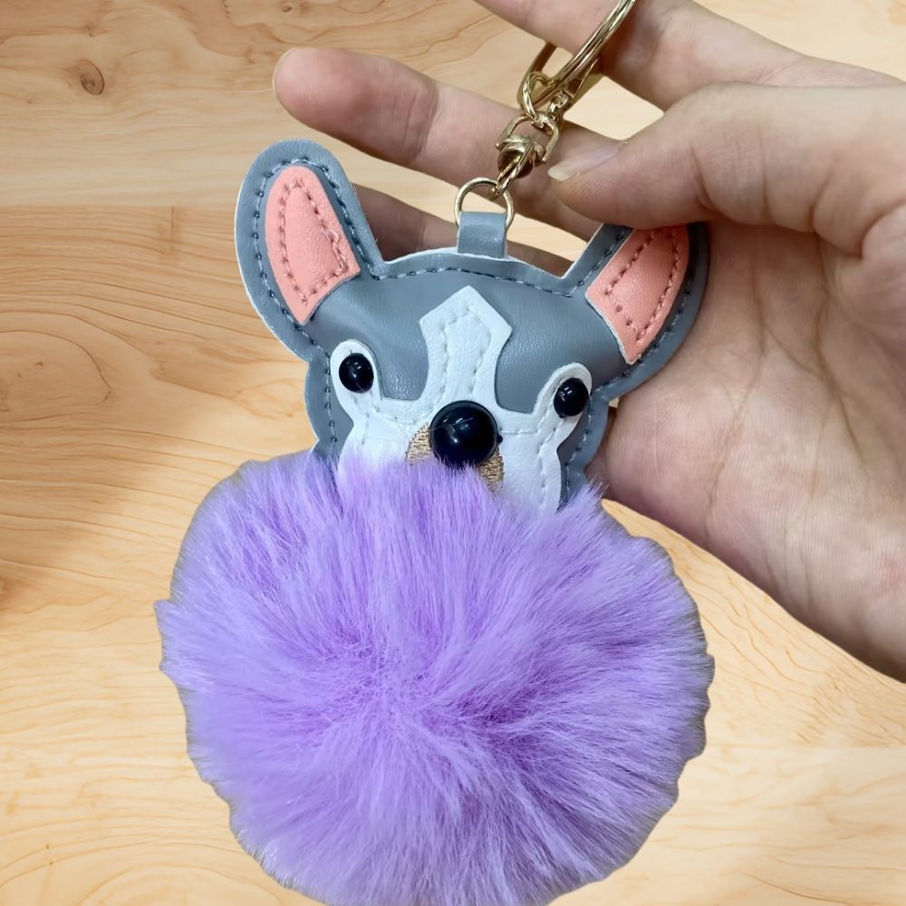 Plush Puppy Bag Charm - PU Leather Face & Fluffy Ball with Metal Hook Keychain