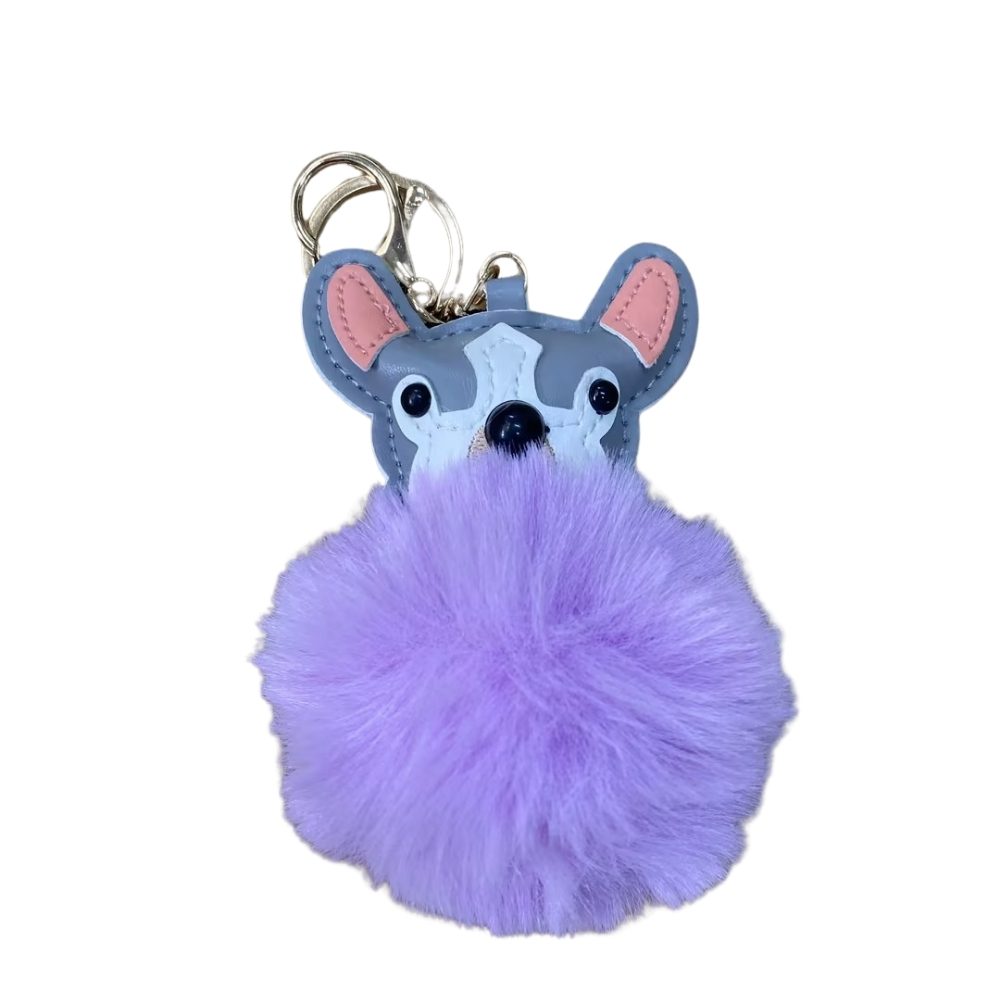 Plush Puppy Bag Charm - PU Leather Face & Fluffy Ball with Metal Hook Keychain