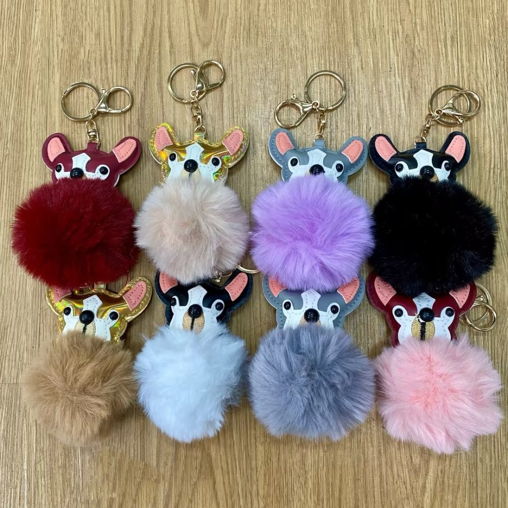 Plush Puppy Bag Charm - PU Leather Face & Fluffy Ball with Metal Hook Keychain