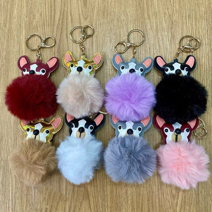 Plush Puppy Bag Charm - PU Leather Face & Fluffy Ball with Metal Hook Keychain