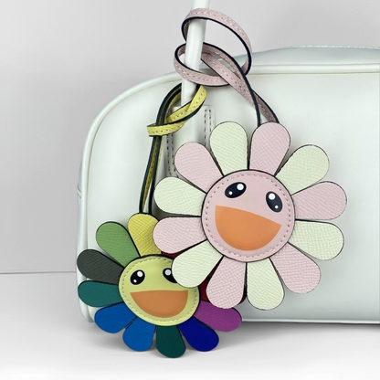 Top Grain Leather Sunflower Bag Charm - Palm-Textured Multicolor Rainbow Smiley Face