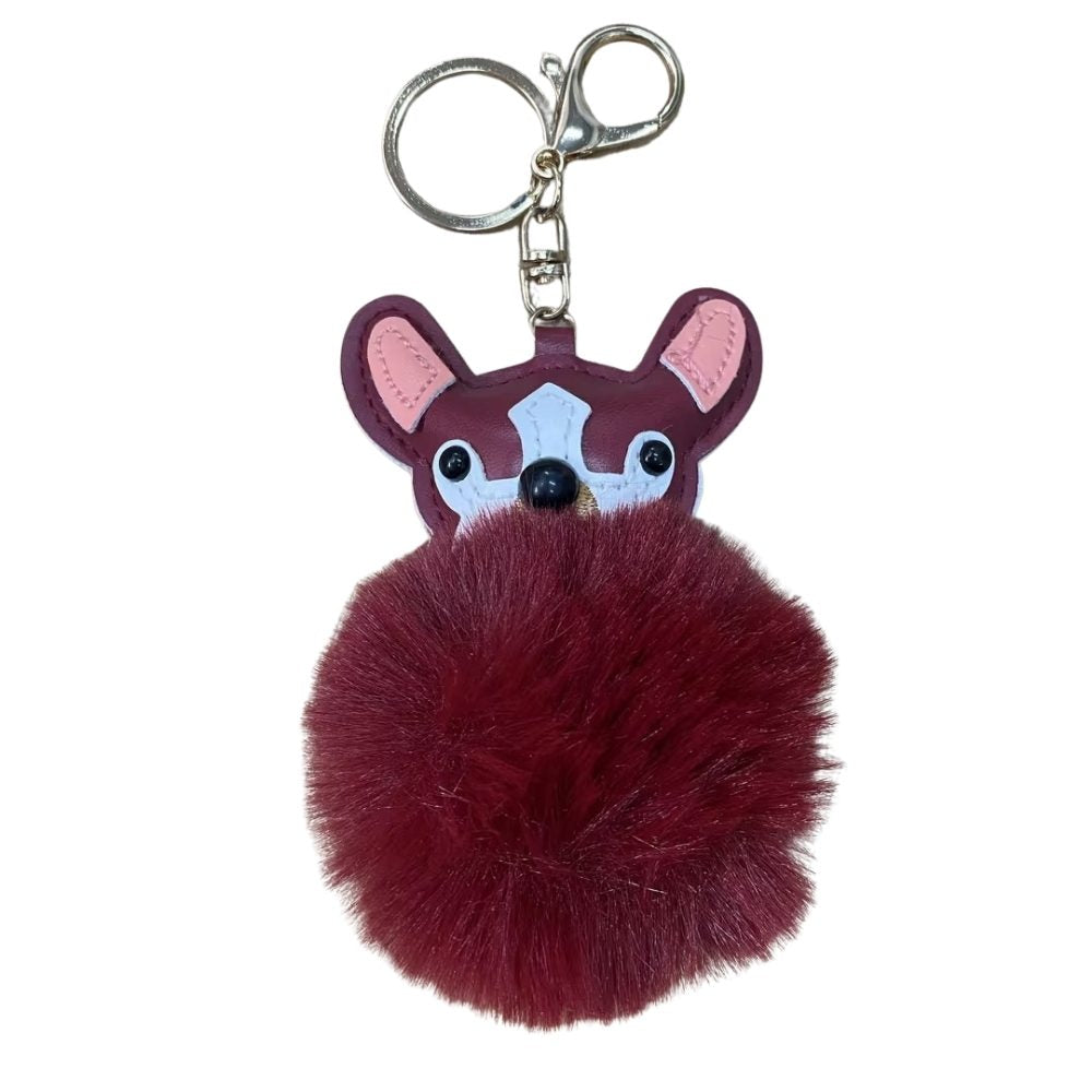 Plush Puppy Bag Charm - PU Leather Face & Fluffy Ball with Metal Hook Keychain