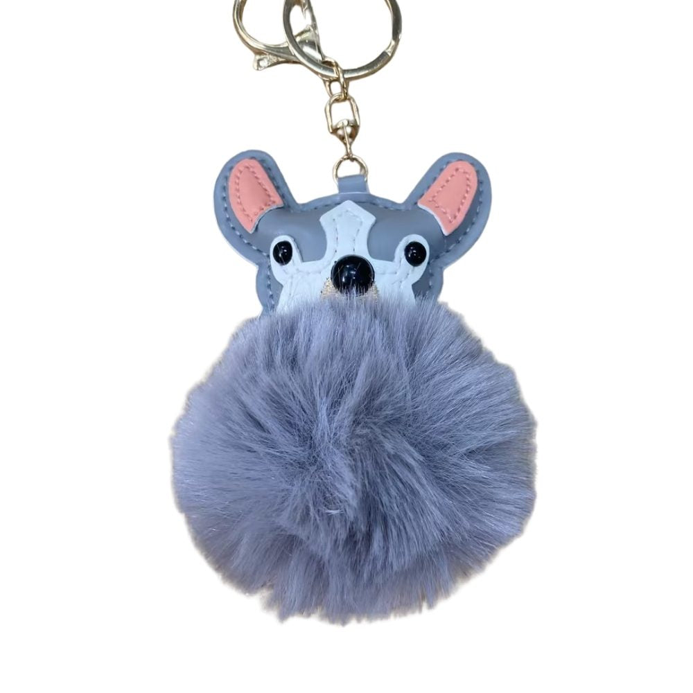 Plush Puppy Bag Charm - PU Leather Face & Fluffy Ball with Metal Hook Keychain
