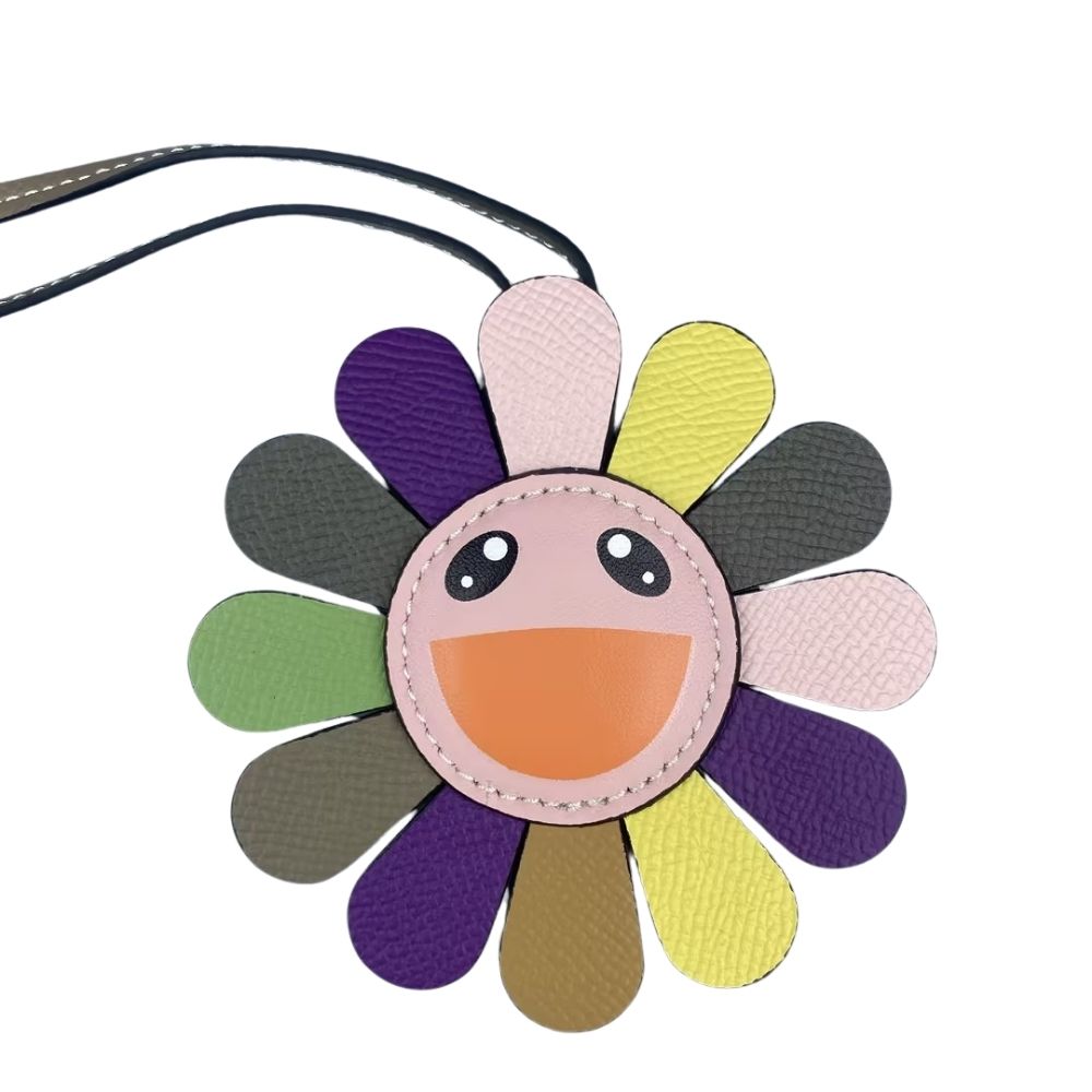 Top Grain Leather Sunflower Bag Charm - Palm-Textured Multicolor Rainbow Smiley Face