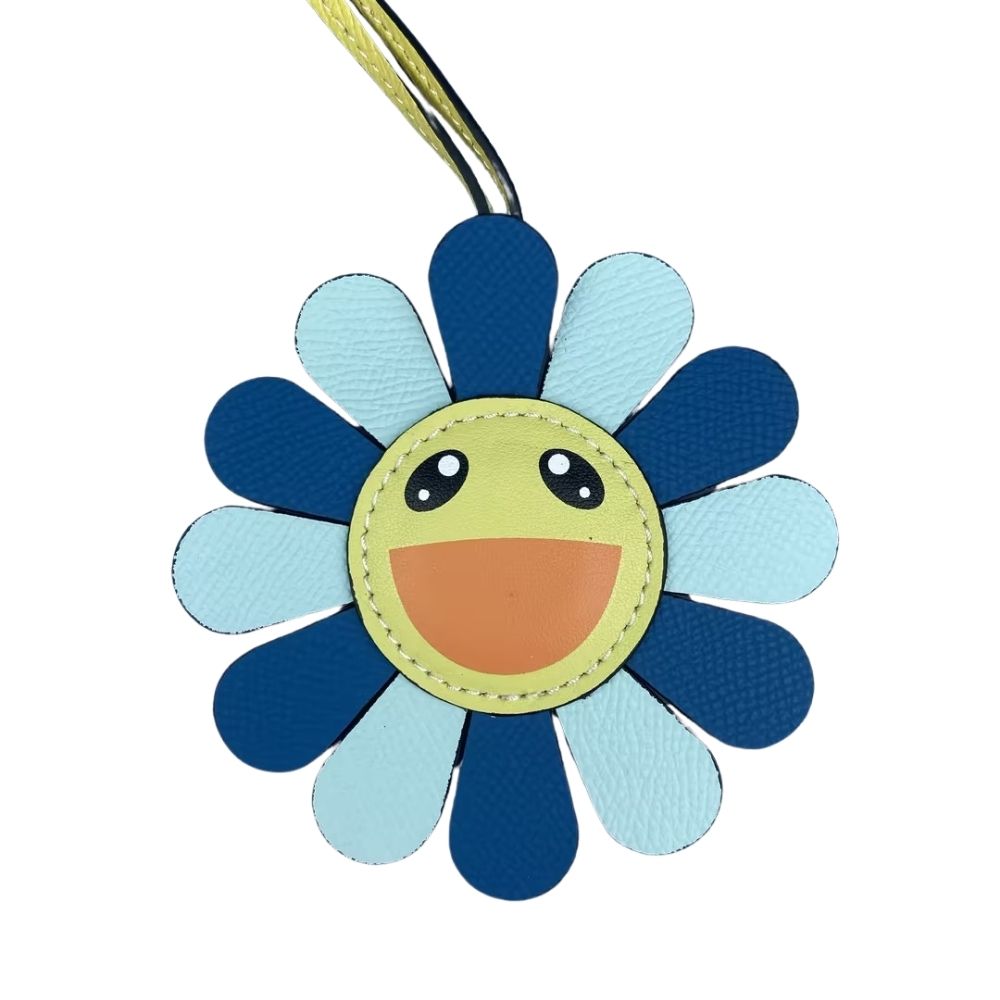 Top Grain Leather Sunflower Bag Charm - Palm-Textured Multicolor Rainbow Smiley Face