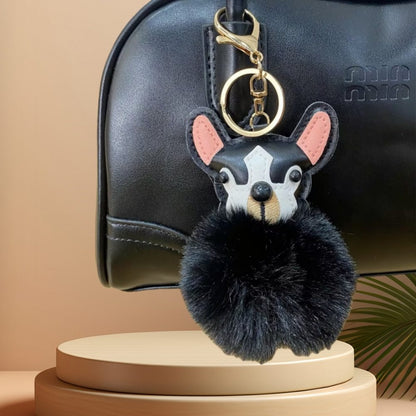 Plush Puppy Bag Charm - PU Leather Face & Fluffy Ball with Metal Hook Keychain