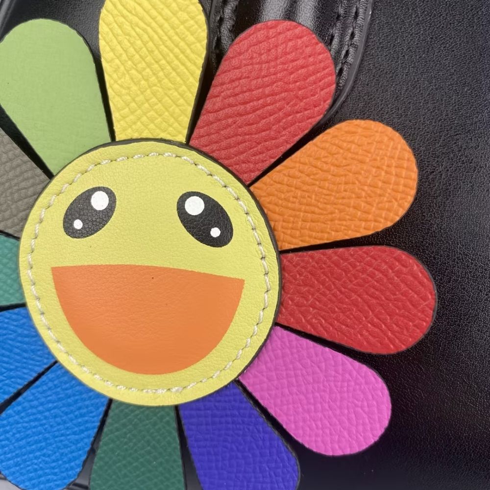 Top Grain Leather Sunflower Bag Charm - Palm-Textured Multicolor Rainbow Smiley Face