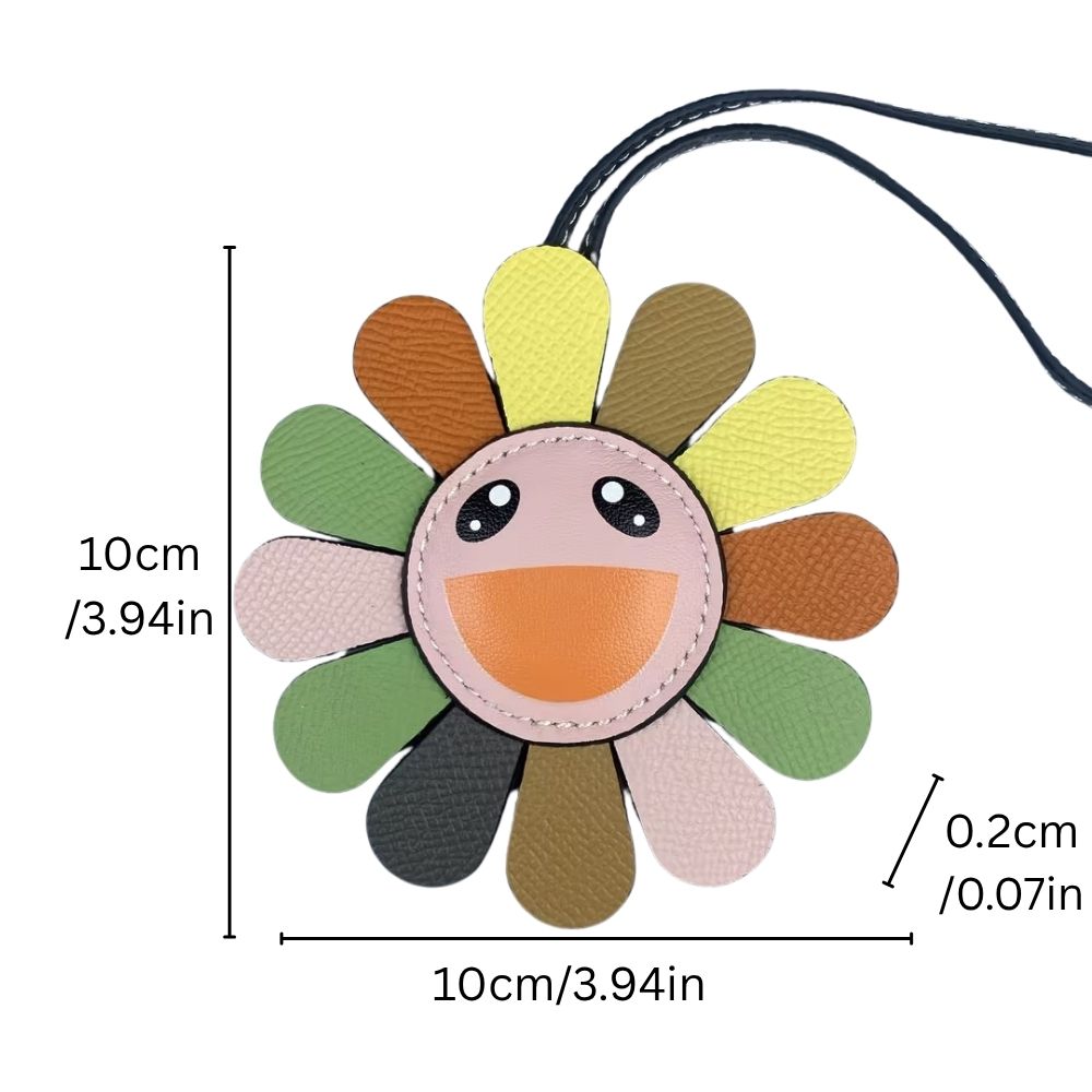 Top Grain Leather Sunflower Bag Charm - Palm-Textured Multicolor Rainbow Smiley Face