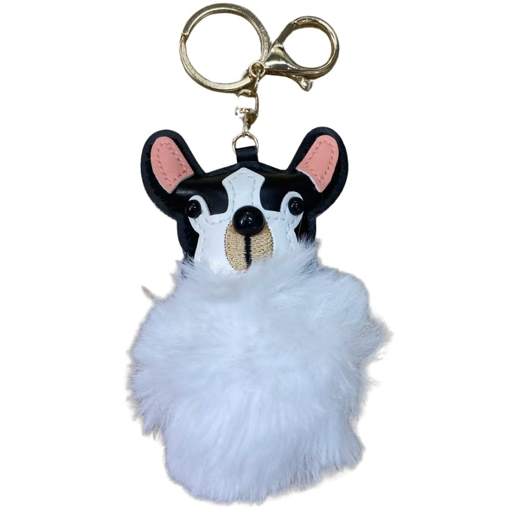 Plush Puppy Bag Charm - PU Leather Face & Fluffy Ball with Metal Hook Keychain