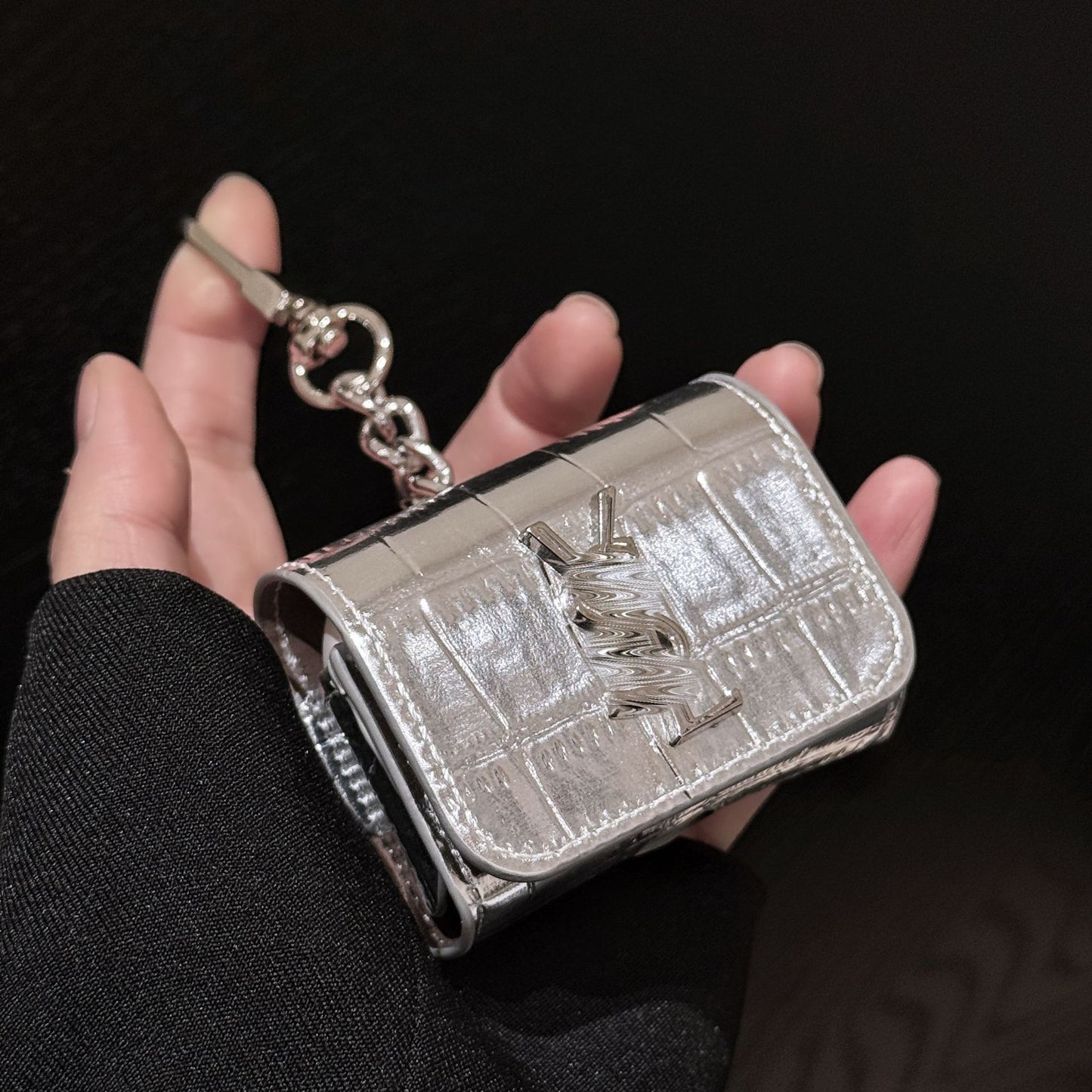 YS-L Airpodケースバッグ メタルチェーン ブラック シルバー