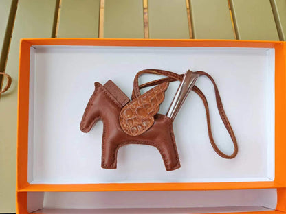 Genuine Lamb Leather Pegasus Flying Pony Bag Charm – Croc-Embossed Pendant for Handbag, Keychain or Purse – Premium Leather Accessory Gift for Women