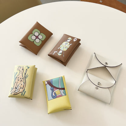 Genuine Leather Painted Card Bag, women's swift leather half-fold card clip, 3D color printing change bag, coin bag, high-end card bag.
