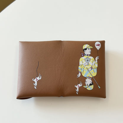 Genuine Leather Painted Card Bag, women's swift leather half-fold card clip, 3D color printing change bag, coin bag, high-end card bag.