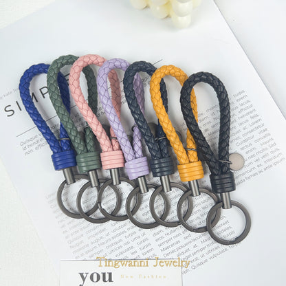 Lambskin woven keychain for women, men's car key ring, genuine leather, high-end personalized gift