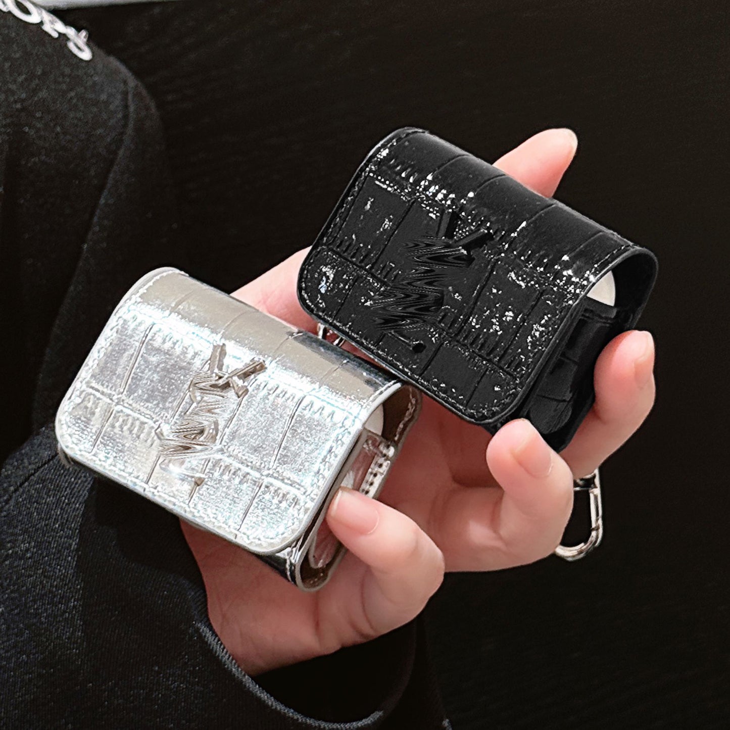 YS-L Airpodケースバッグ メタルチェーン ブラック シルバー