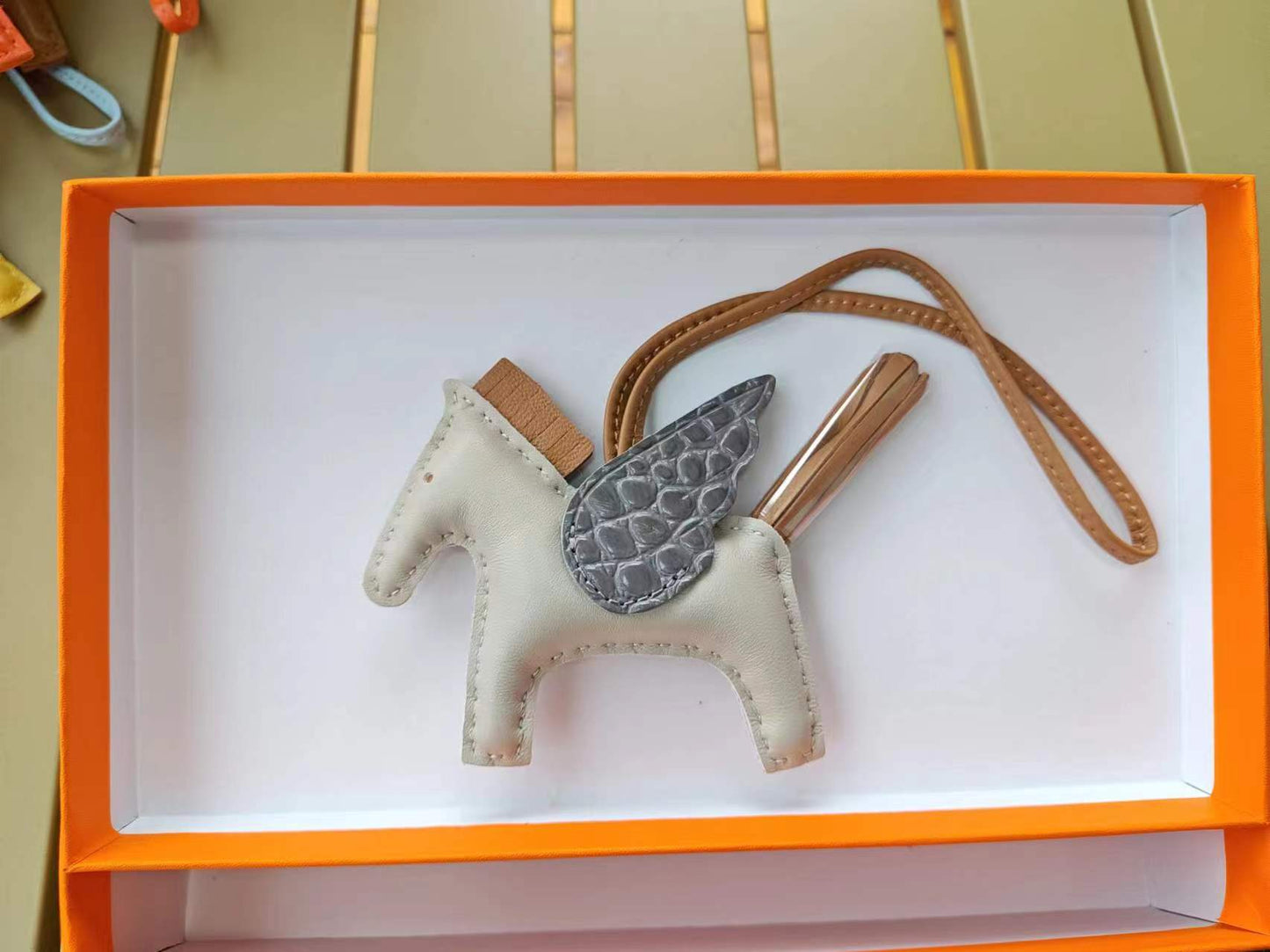 Genuine Lamb Leather Pegasus Flying Pony Bag Charm – Croc-Embossed Pendant for Handbag, Keychain or Purse – Premium Leather Accessory Gift for Women
