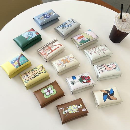 Genuine Leather Painted Card Bag, women's swift leather half-fold card clip, 3D color printing change bag, coin bag, high-end card bag.