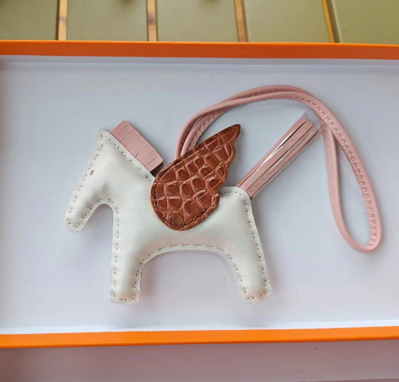 Genuine Lamb Leather Pegasus Flying Pony Bag Charm – Croc-Embossed Pendant for Handbag, Keychain or Purse – Premium Leather Accessory Gift for Women