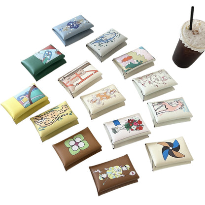Genuine Leather Painted Card Bag, women's swift leather half-fold card clip, 3D color printing change bag, coin bag, high-end card bag.
