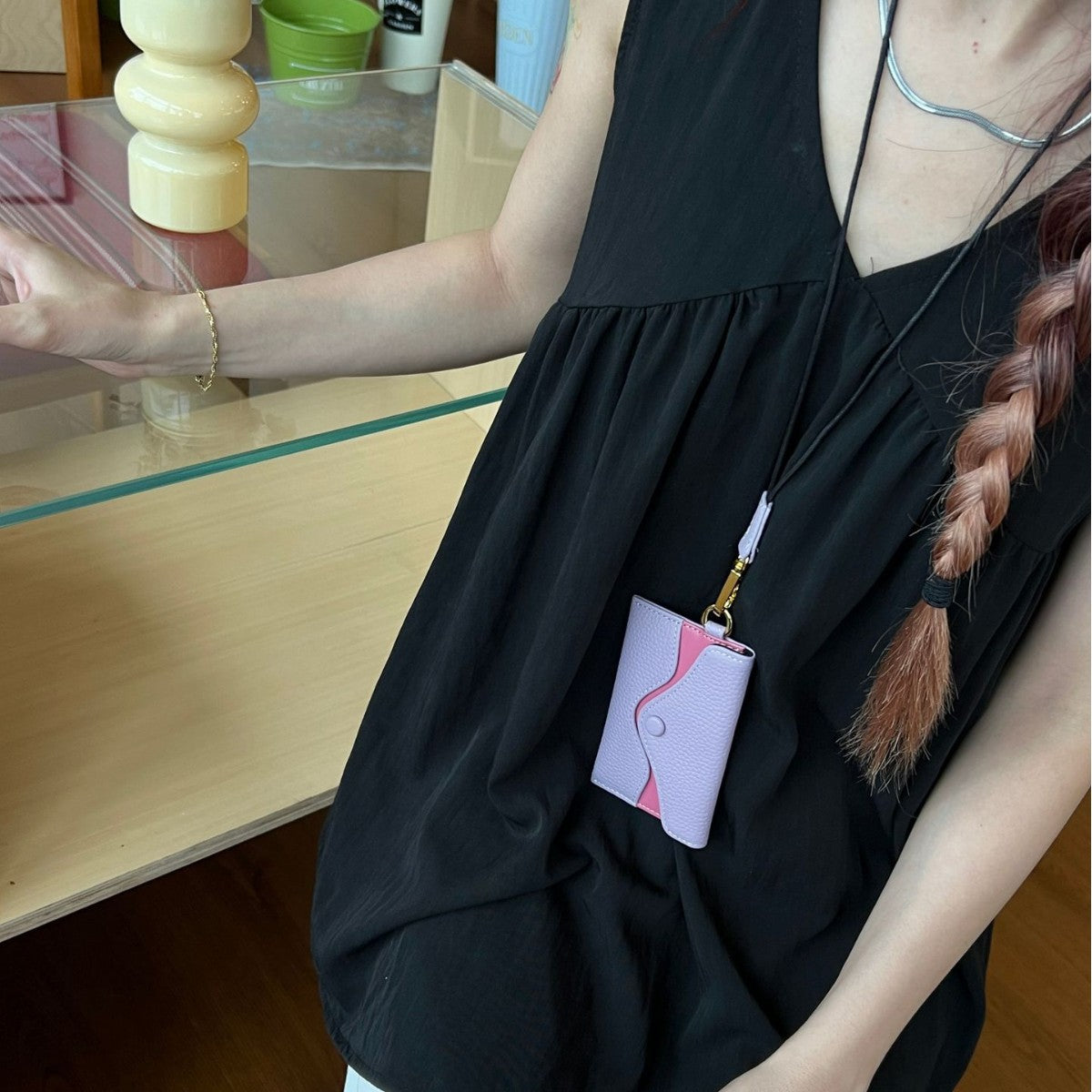 Top-grain cowhide halter envelope bag, earphone bag, versatile exquisite clip storage small change bag, Korean mini card pouch