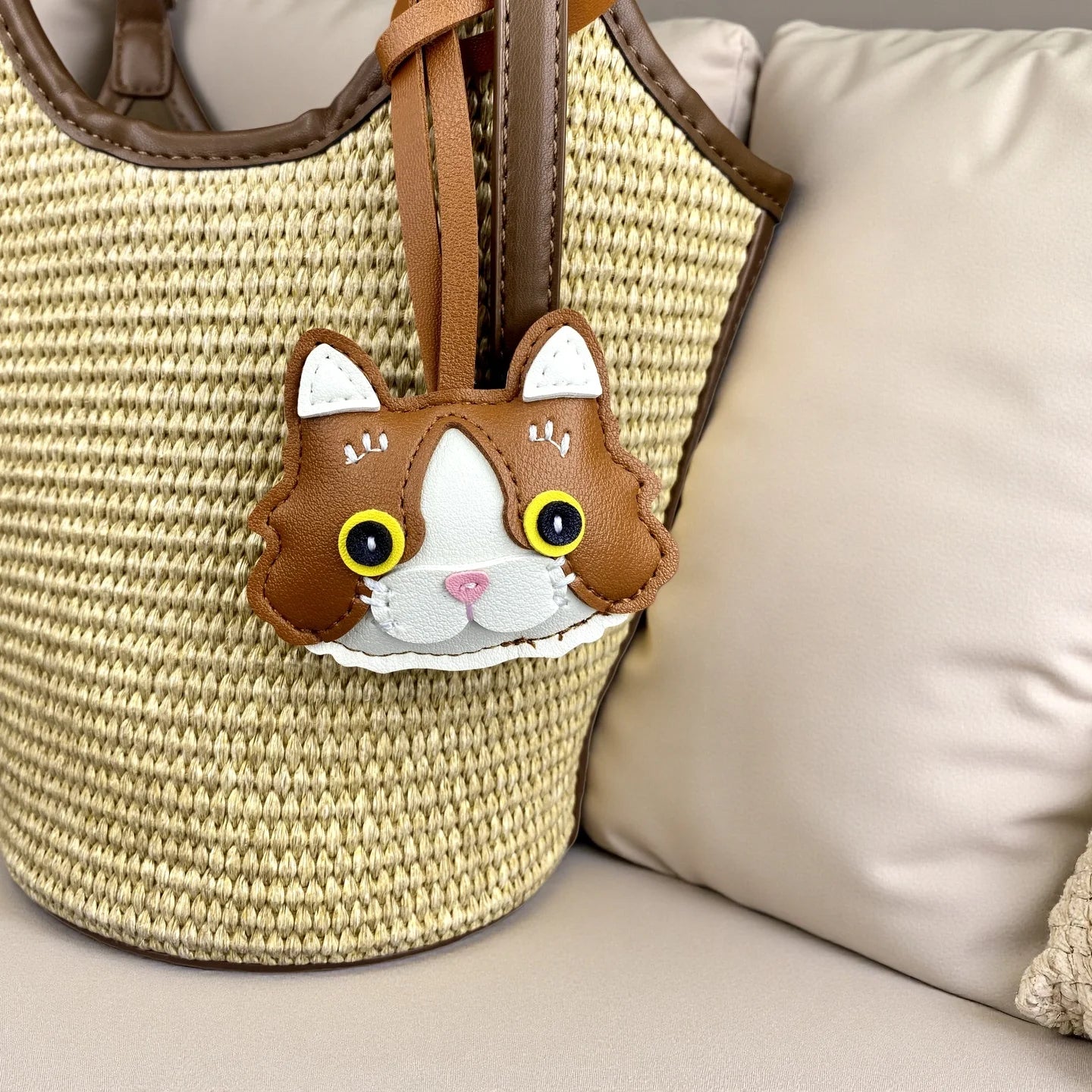Plump & Handmade PU Leather Kitten Keychain/Bag Charm - 3D Detailed Face, Cute Charm for Daily Joy!-Perfect Gift/Bag Accessory