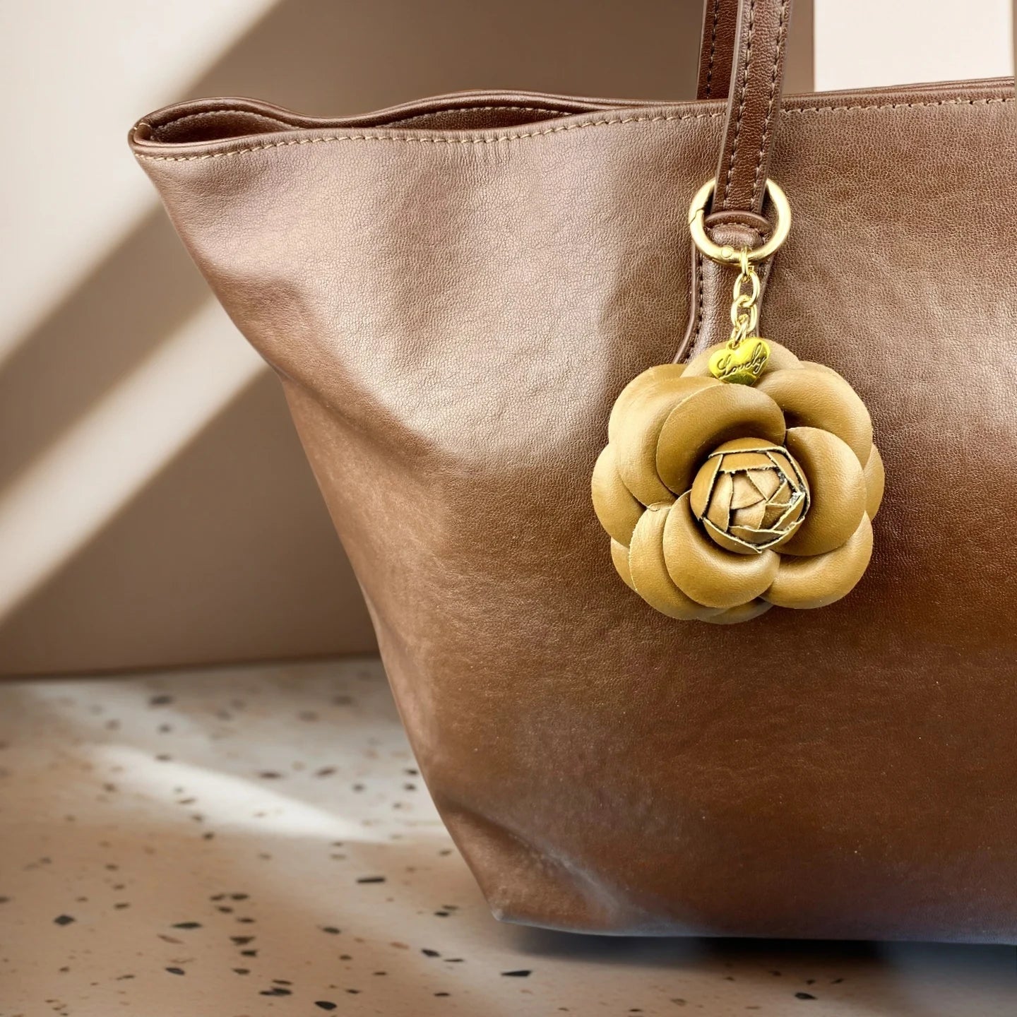 Elegant PU Leather Camellia Keychain, Timeless Neutral Tone Bag Clip Charm, 3D Floral Pendant for Handbag, Gift For Women