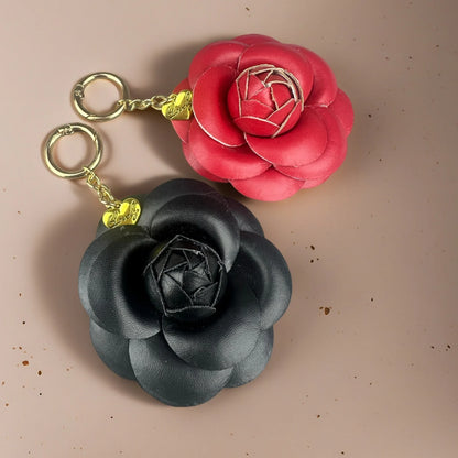 Elegant PU Leather Camellia Keychain, Timeless Neutral Tone Bag Clip Charm, 3D Floral Pendant for Handbag, Gift For Women