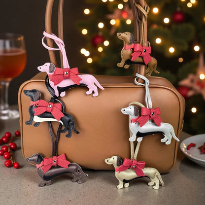 Red Bow-Adorned Dachshund Leather Bag Charm: PU Leather, Slim Shape, Red Bow, Premium Soft Fill