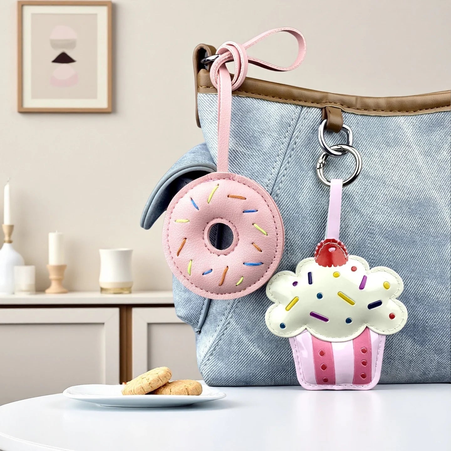 Pink Sweet Dessert Bag Charms-PU Leather Crossiant Donut Ice Cream Bag Car Keychain Home Decor, Sweet Gift for Girls-Y2K