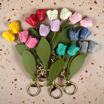 8-Color Soft PU Leather Tulip Bag Charm– Elegant Hanging Floral Accessory with Metal Ring, Realistic Bloom Design for Backpack