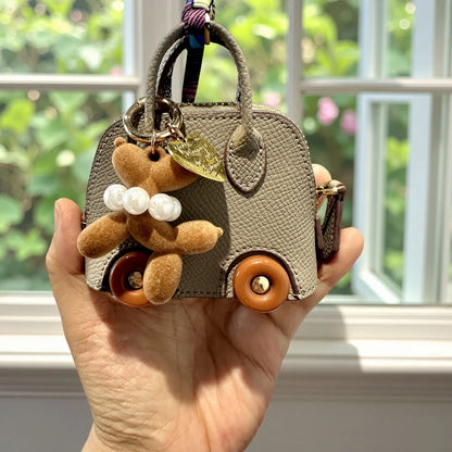 Cute PU Leather Mini Wheel Bag Charm with Flocked Balloon Dog Charm-Small Cute Coin Purse Pouch for Earbuds, Cables & Cash/Gift