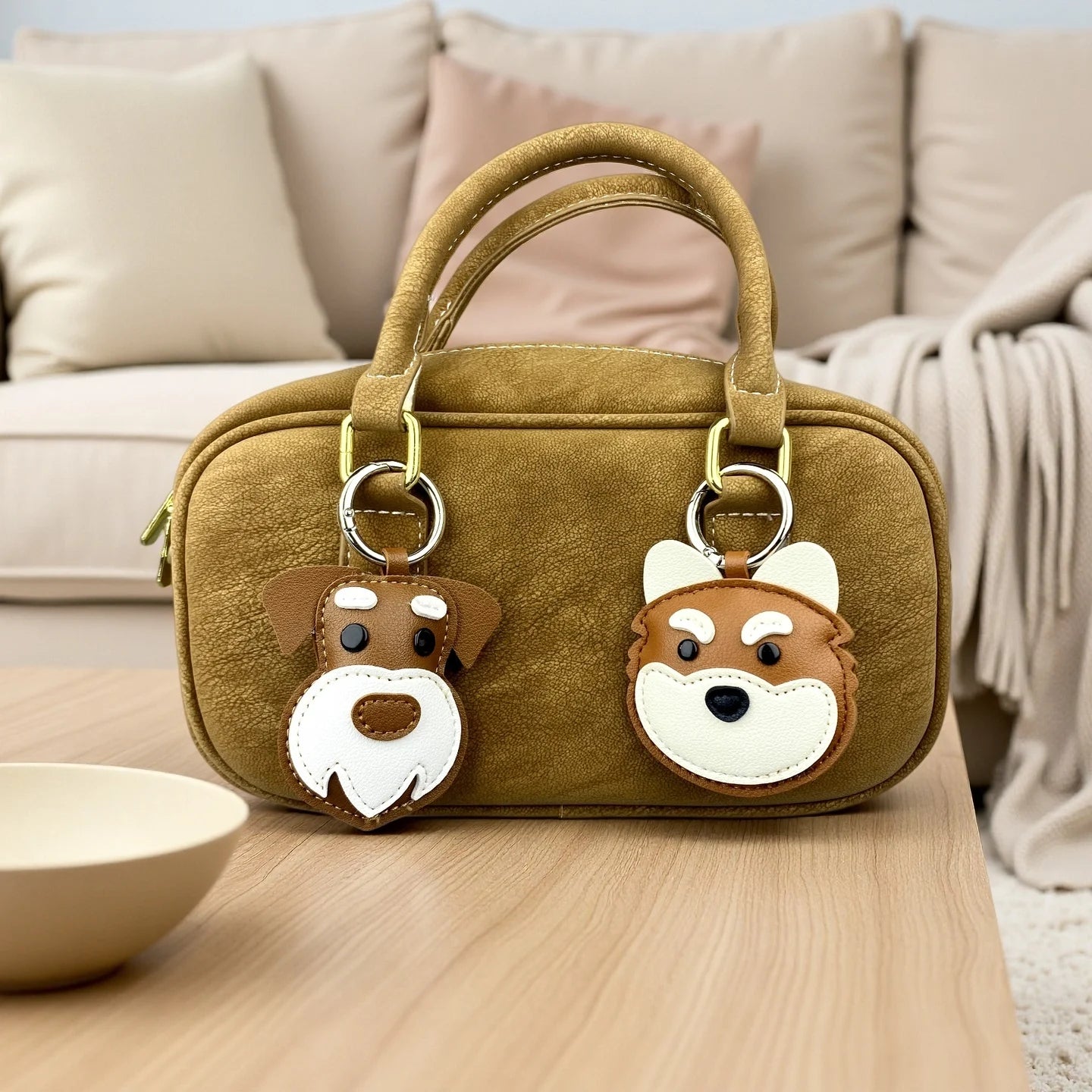 Brown PU Leather Dog Keychain Charm-Cute Puppy Pendant for Purse/Bag, Everyday Carry Accessory for Women & Men/Perfect Gift