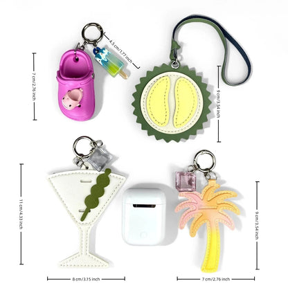 4 Pcs Summer Beach Style PU Leather/Eva Keychain/Bag Charm-Coconut Tree/Durian/Cubes/Crocs Shoes/Cocktail-Bag Accessories/Gift