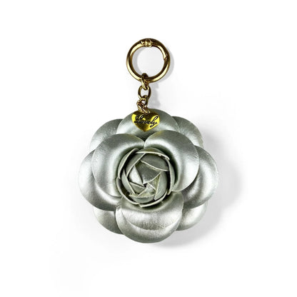 Elegant PU Leather Camellia Keychain, Timeless Neutral Tone Bag Clip Charm, 3D Floral Pendant for Handbag, Gift For Women