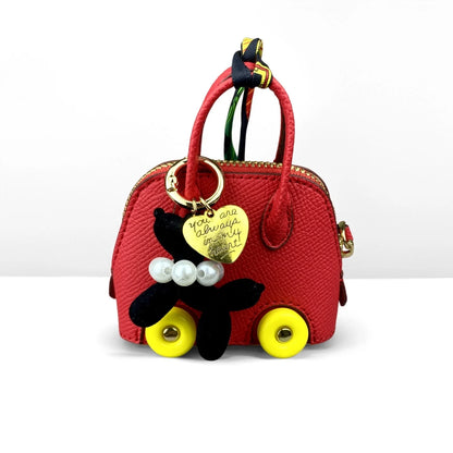 Cute PU Leather Mini Wheel Bag Charm with Flocked Balloon Dog Charm-Small Cute Coin Purse Pouch for Earbuds, Cables & Cash/Gift