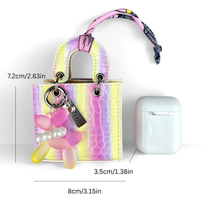 Mini PU Leather Bag Purse Charm, Rainbow Color Mini Bag With Gradient Balloon Dog Keychain Set for Earbuds/Charger Cable/Gift