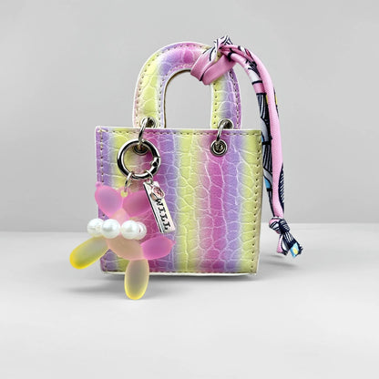 Mini PU Leather Bag Purse Charm, Rainbow Color Mini Bag With Gradient Balloon Dog Keychain Set for Earbuds/Charger Cable/Gift