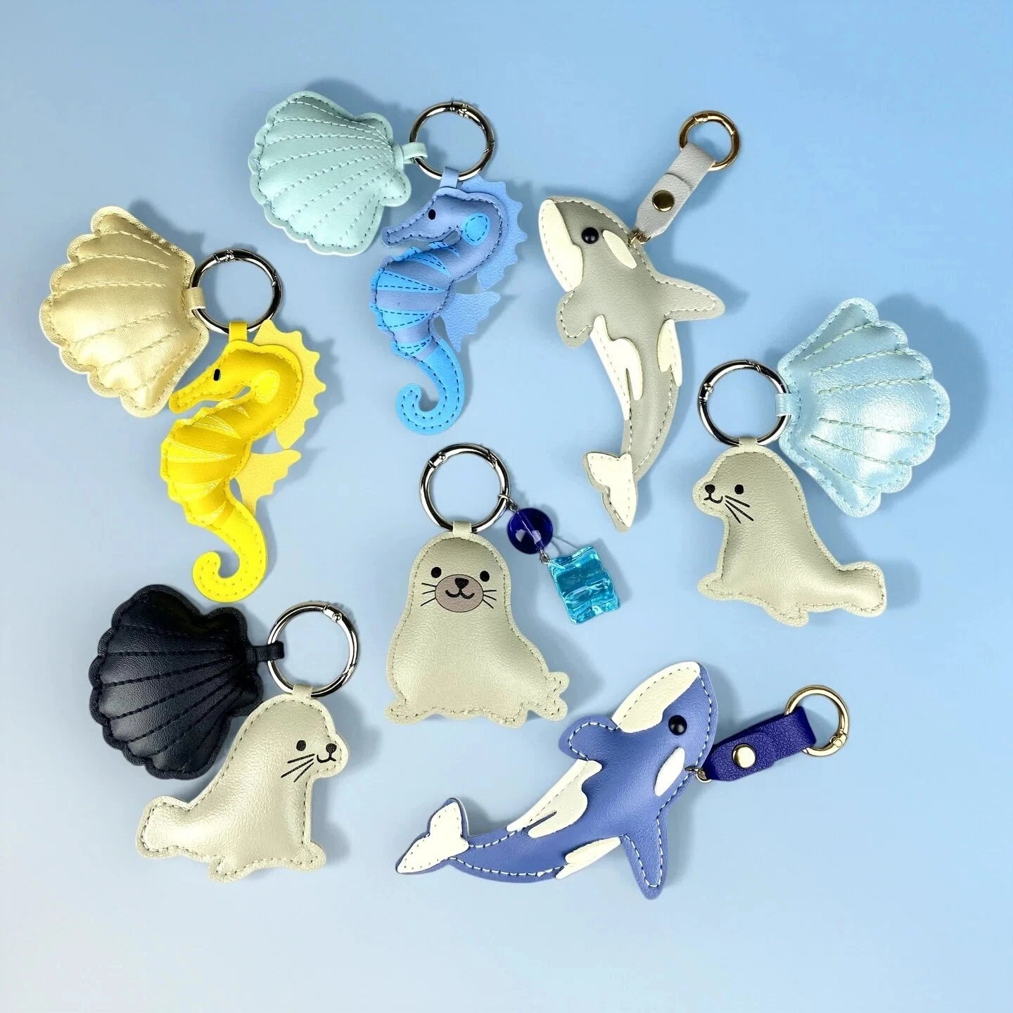 Cute PU Leather Keychain with Ocean Animal Charms - Stress Relief Sea Horse Shell Sea Lion Orca Pendant Gift Accessory