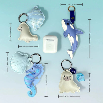 Cute PU Leather Keychain with Ocean Animal Charms - Stress Relief Sea Horse Shell Sea Lion Orca Pendant Gift Accessory