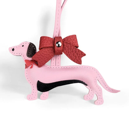 Red Bow-Adorned Dachshund Leather Bag Charm: PU Leather, Slim Shape, Red Bow, Premium Soft Fill